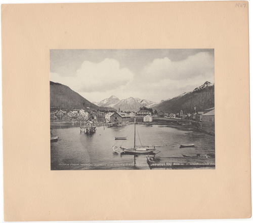 Sikta from water, showing the Three Sisters in the background